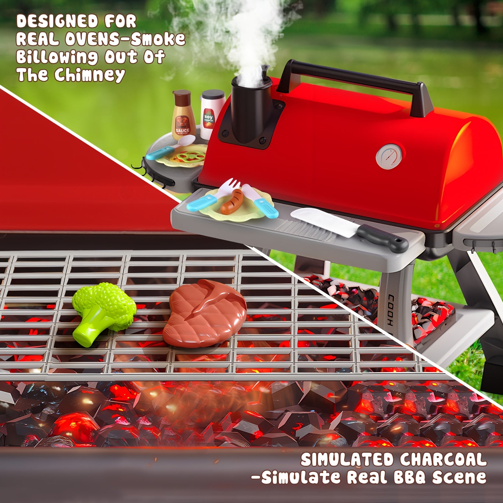 Kids BBQ Grill Playset, Realistic Sound & Light, Portable Role Play Toy