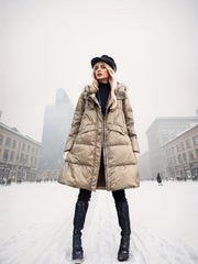 Women's Mid-Length Puffer Hooded Jacket for Winter Outdoor Sports