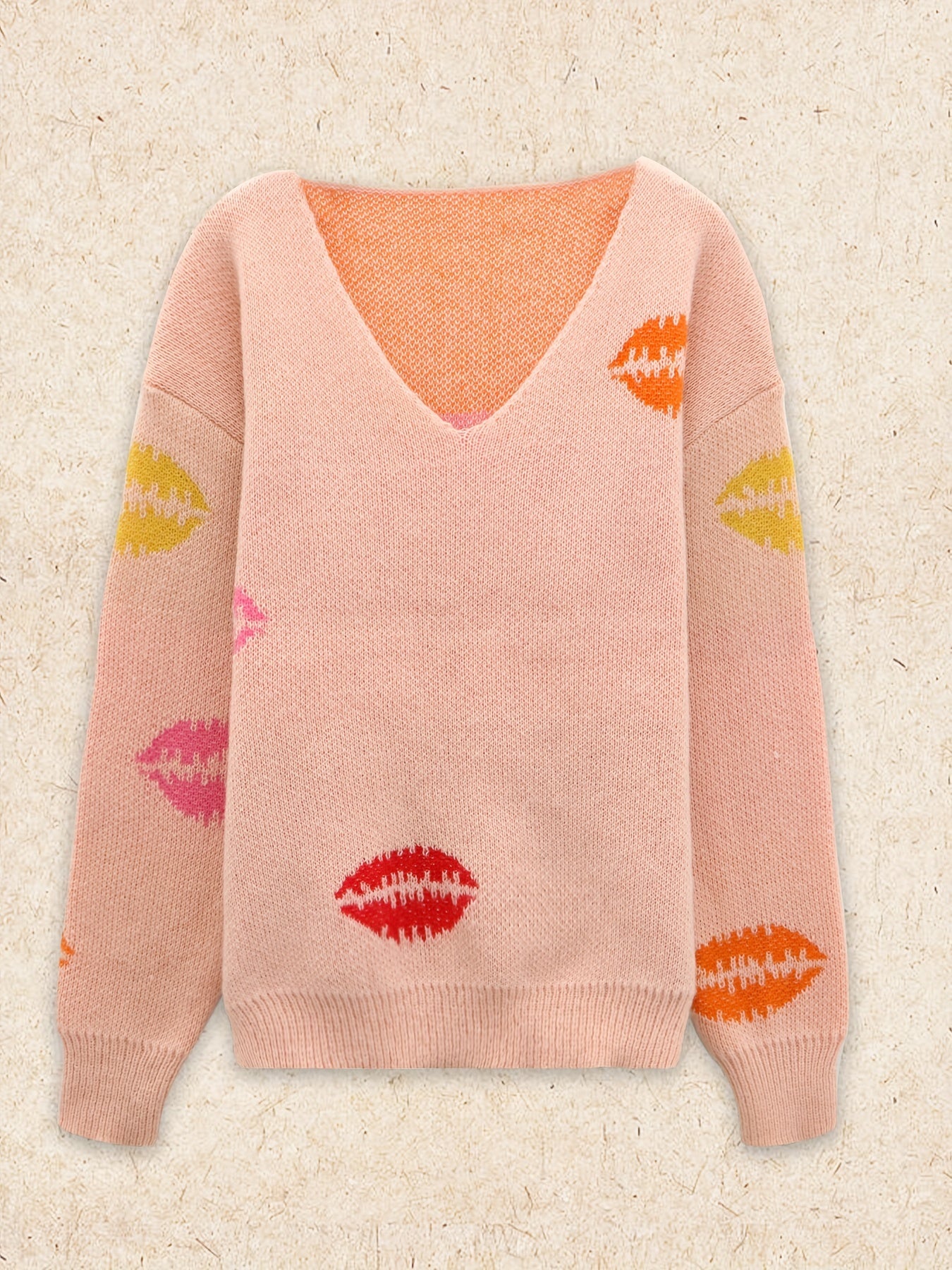  Colorful Lip Print V Neck Sweater