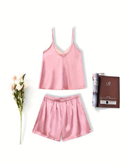 Satin Pajama Set V Neck Cami Top & Shorts Women's Sleepwear