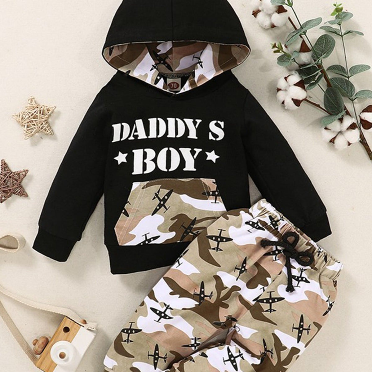 2pcs Boys Camo Print Hoodie & Sweatpants Set for Winter