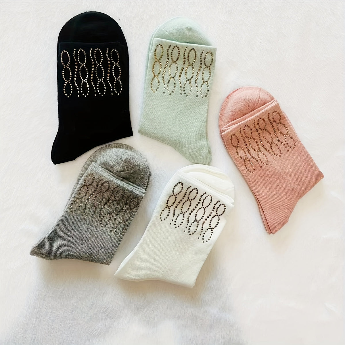 5 Pairs Rhinestone Decor Socks, Comfy & Breathable, Women's Mid Tube Stockings