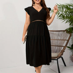 Plus Size V Neck Lace Ruffle Sleeve Stretch Dress