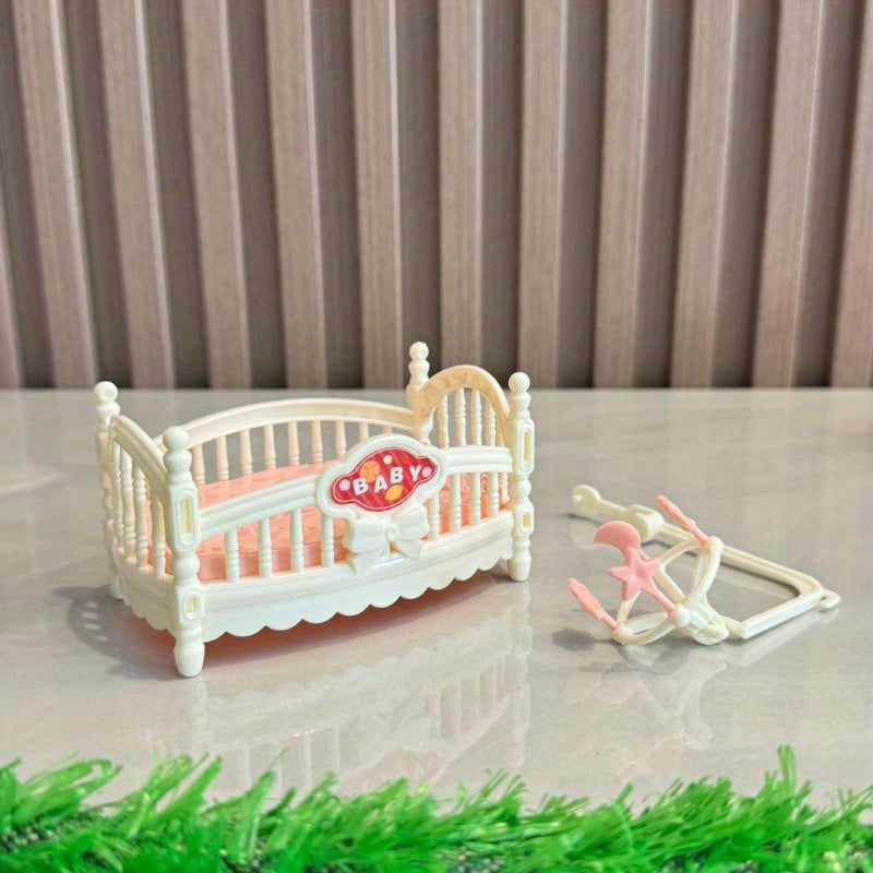 Plastic Dolls House Cradle Bed with Pastel Colors & Intricate Lace Patterns
