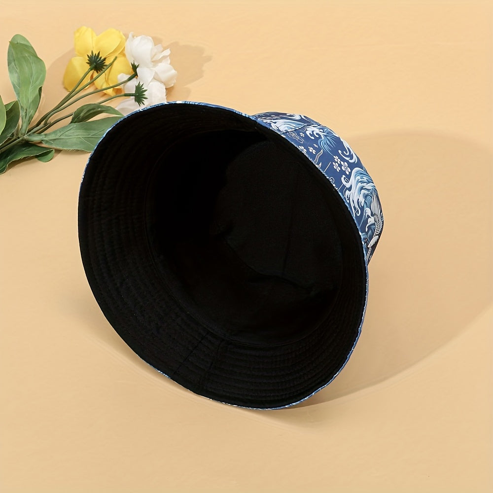 Crane Print Reversible Bucket Hat Vintage Fisherman Cap Women Travel Beach Hats