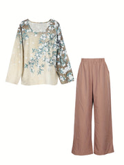 Women's Plus Floral Print Long Sleeve Round Neck Top & Loose Pants Outfit Set