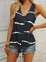 Striped Print Tank Top V Neck Sleeveless Button Front Knot Summer Tank Top