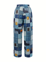  Denim Patchwork Print Straight Leg Tie Front Trousers