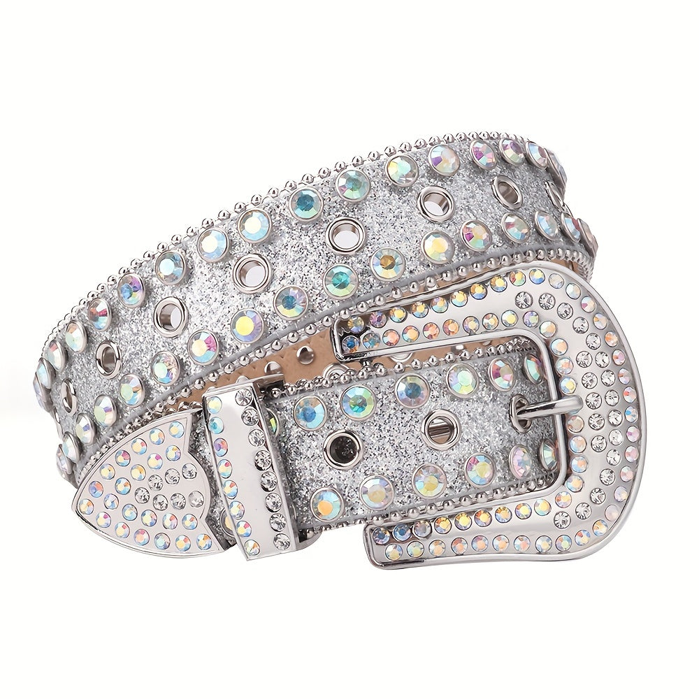 Sparkle Rhinestone Punk Western Studded Belts Women PU Leather Jeans