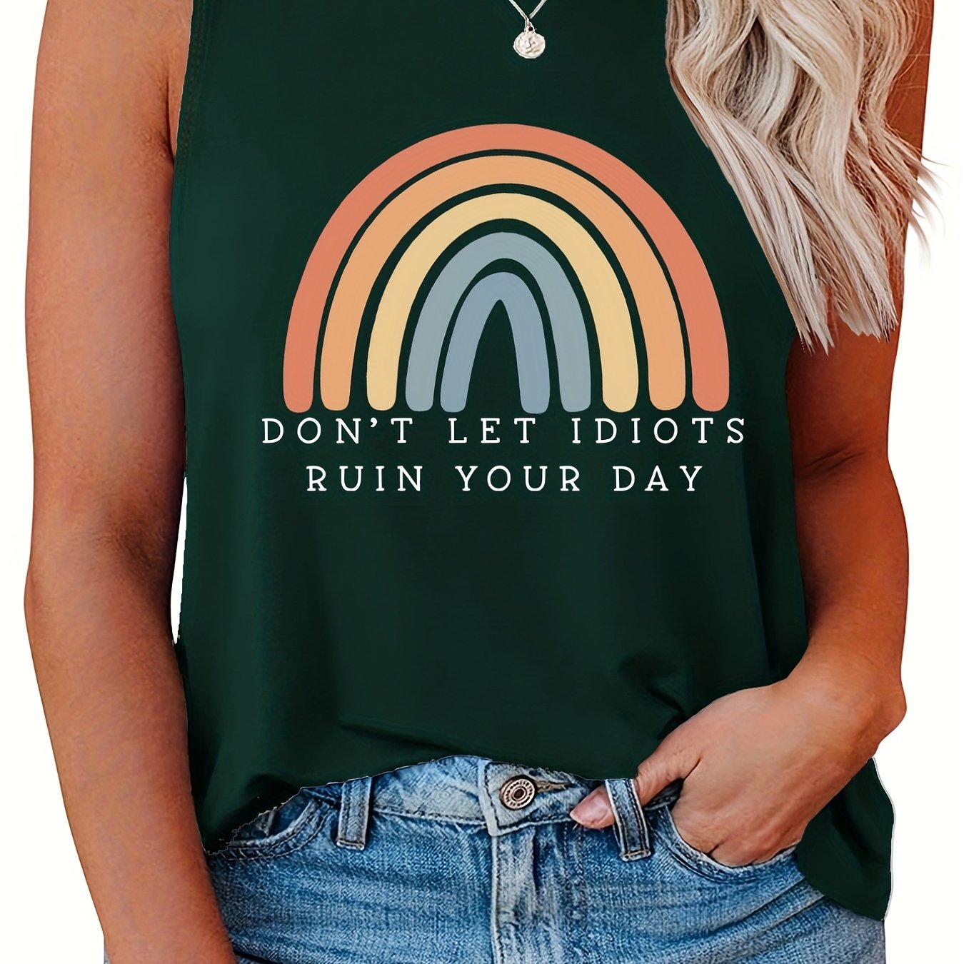  Casual Tank Top Women's Plus Letter & Rainbow Print