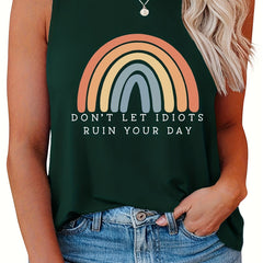 Casual Tank Top Women's Plus Letter & Rainbow Print