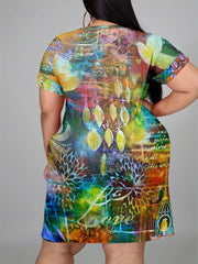  Allover Print Short Sleeve Round Neck Dress With Pockets
