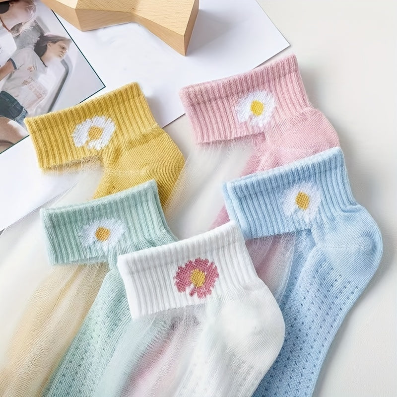 5 Pairs Floral Print Socks Lightweight Breathable Women's Stocking