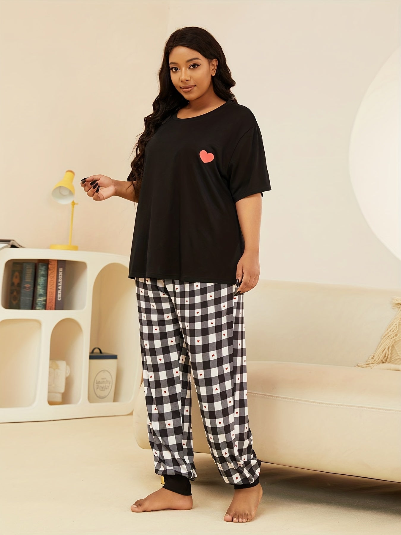  Gingham & Heart Print Nightdress Short Sleeve Round Neck