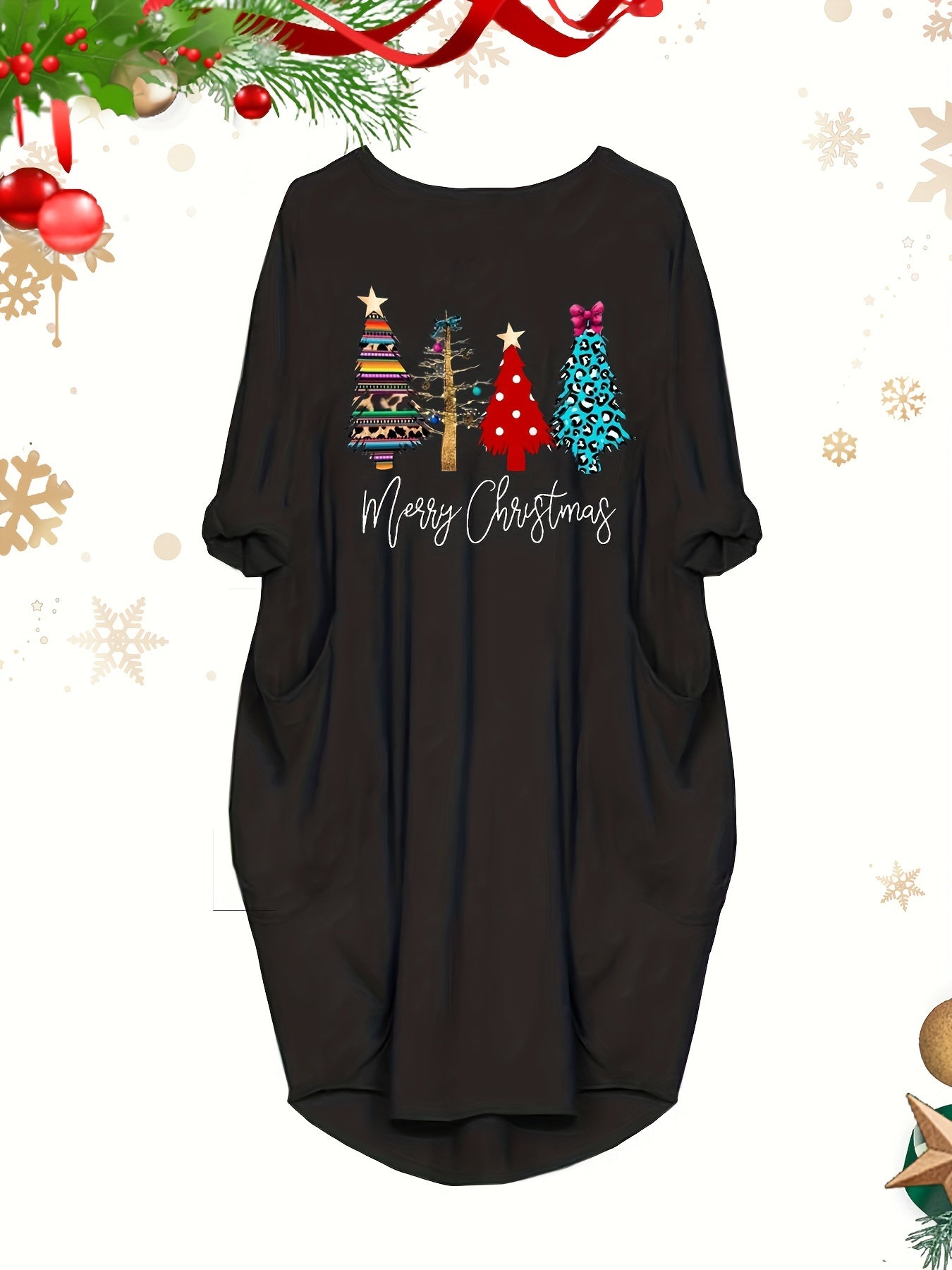  Christmas Tree Print Long Sleeve Round Neck Baggy Dress