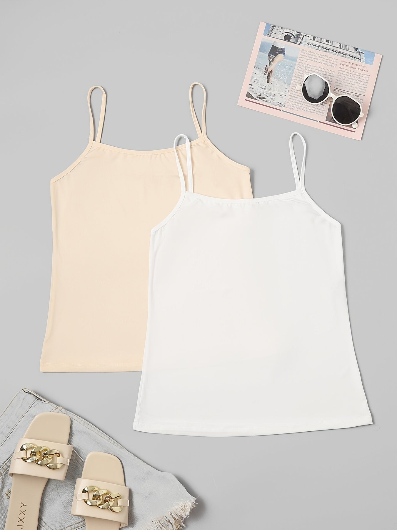 2pcs Solid Cami Tops Sleeveless Crew Neck Lingerie Underwear