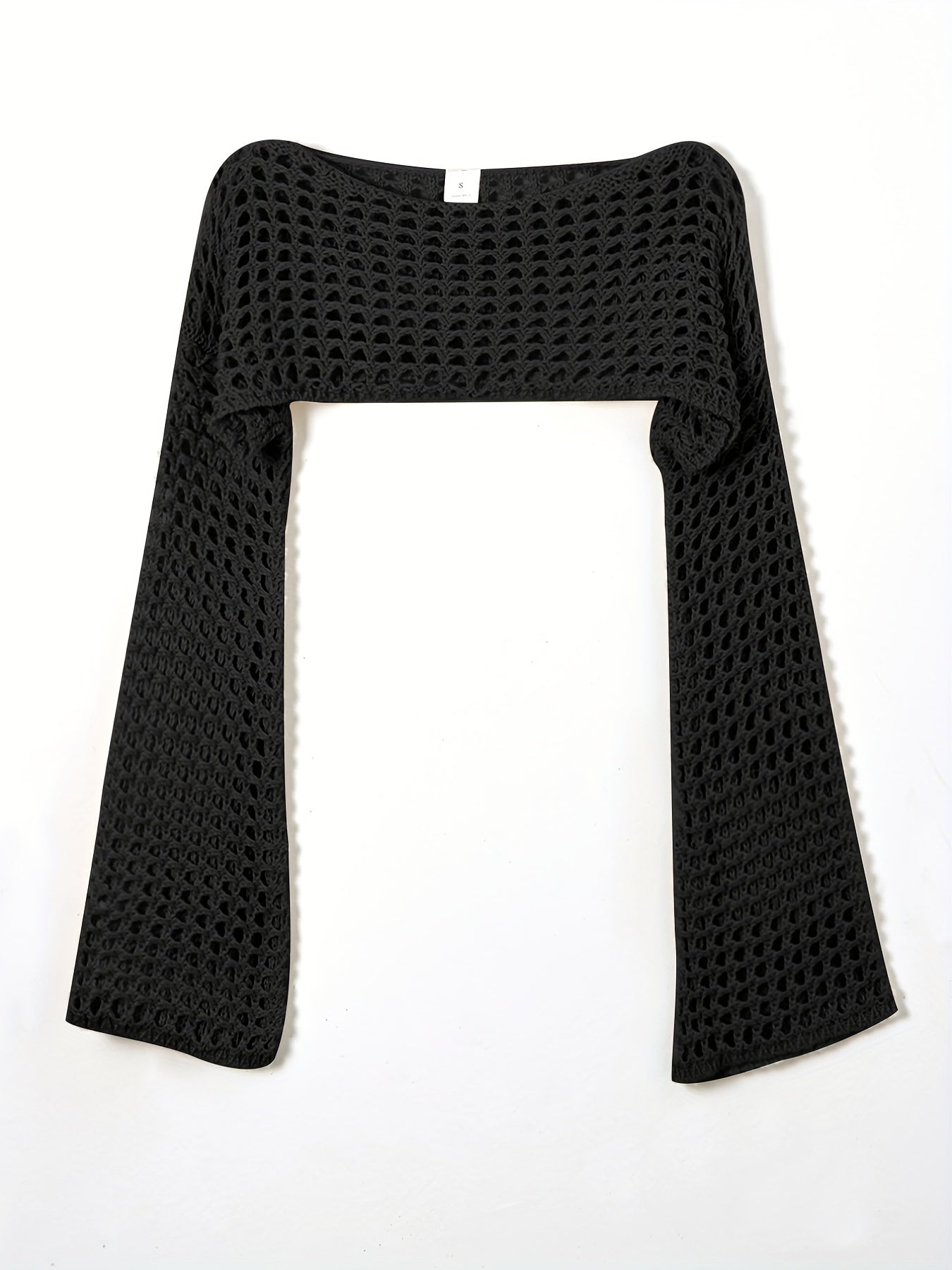 Y2K Crochet Cropped Knit Sweater Crew Neck Flared Sleeve