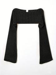 Y2K Crochet Cropped Knit Sweater Crew Neck Flared Sleeve