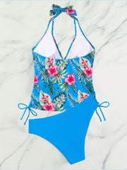 Tropical Print Tankini Set Drawstring Tie Swimsuit