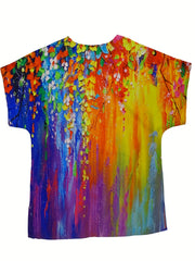  Painting Print Round Neck Drop Shoulder Short Sleeve Blouse