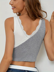 Sexy Sleeveless Tank Top with Block Lace Trim