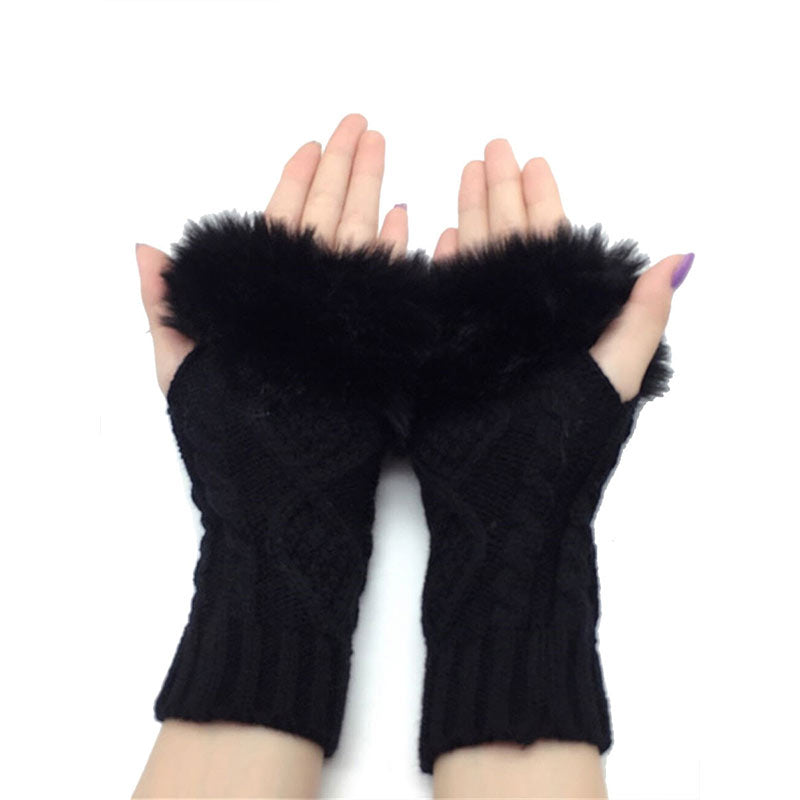 Women's Plush Fingerless Gloves Ribbing Knit Crochet Autumn Winter Warm