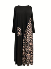  Lounge Dress Women's Colorblock Leopard Print Long Sleeve Nightdress