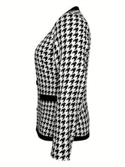  Houndstooth Print Double Breast Button Blazer