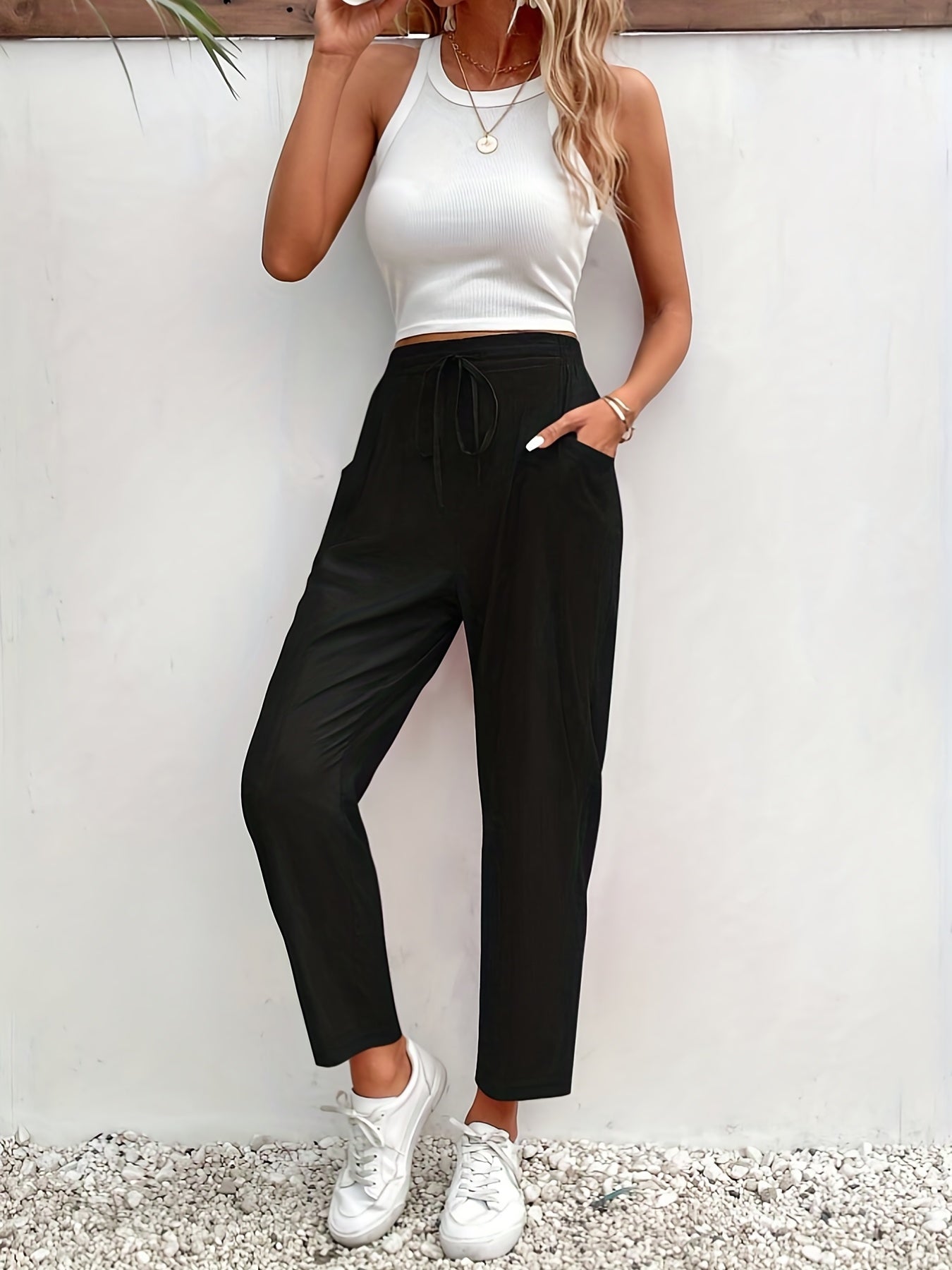  High Rise Straight Leg Pants With Pockets
