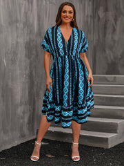 Geometric Print Batwing Sleeve Plus Size Boho Dress