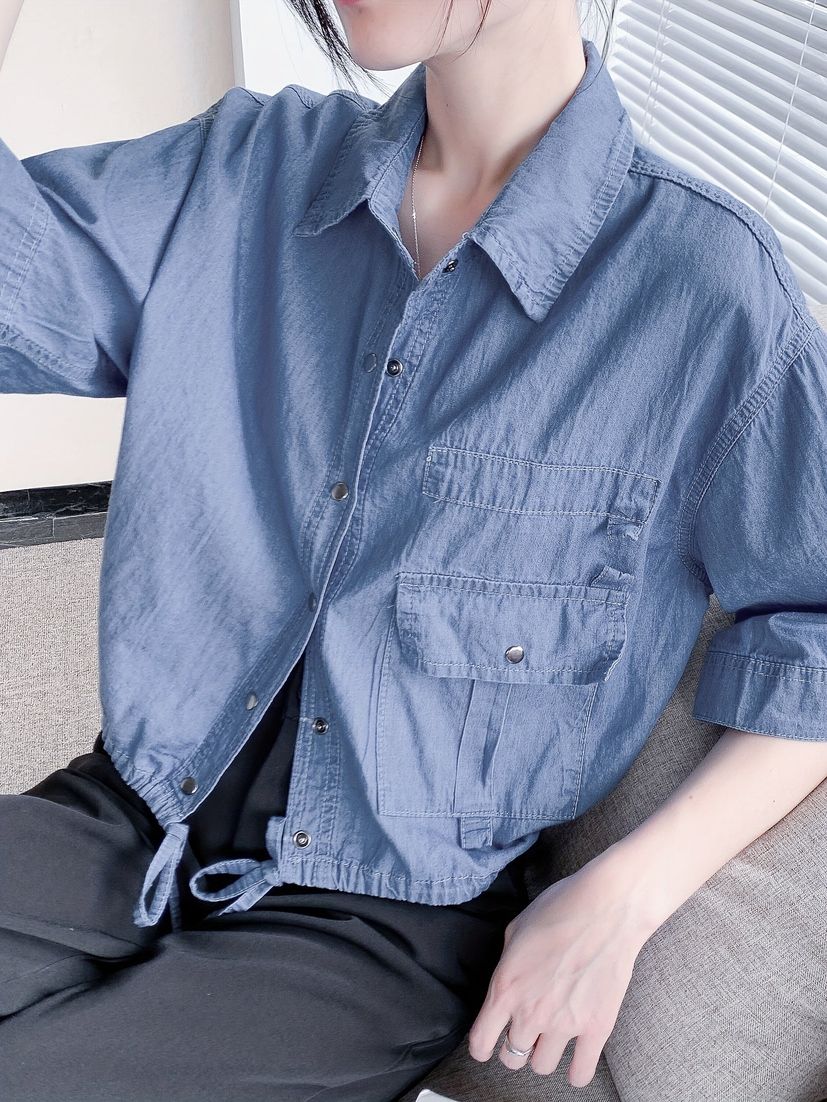  Denim Button Down Half Sleeve Shirt