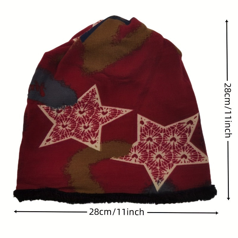 Vintage Pentagram Print Beanie Cap Warm Plush Knit Hat Women Chemo Hat