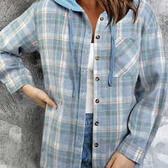 Plaid Print Hooded Jacket Button Front Outerwear Spring & Fall