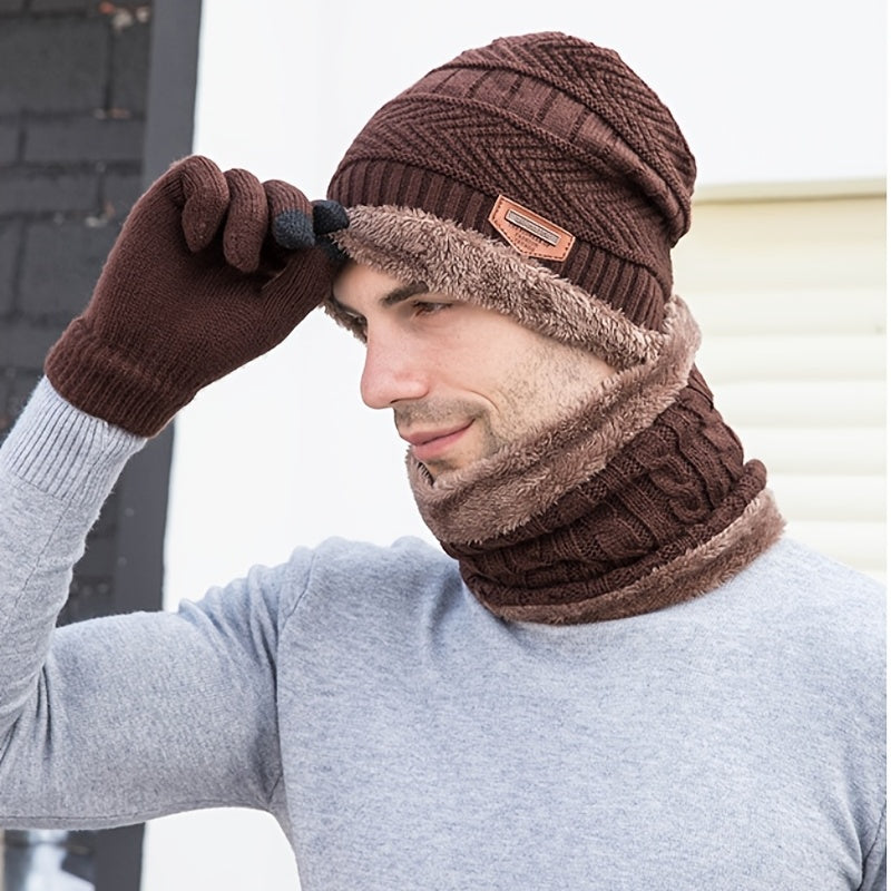 3pcs Casual Fleece Knitted Men's Outdoor Warm Hat Halter Gloves