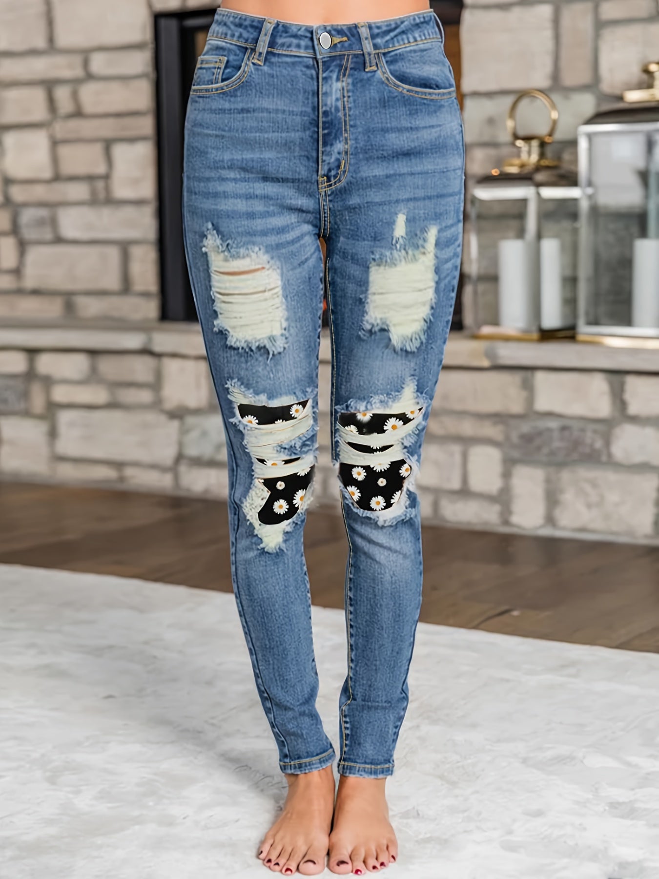  Casual Jeans Women's Plus Floral Print Ripped High Rise Jeans