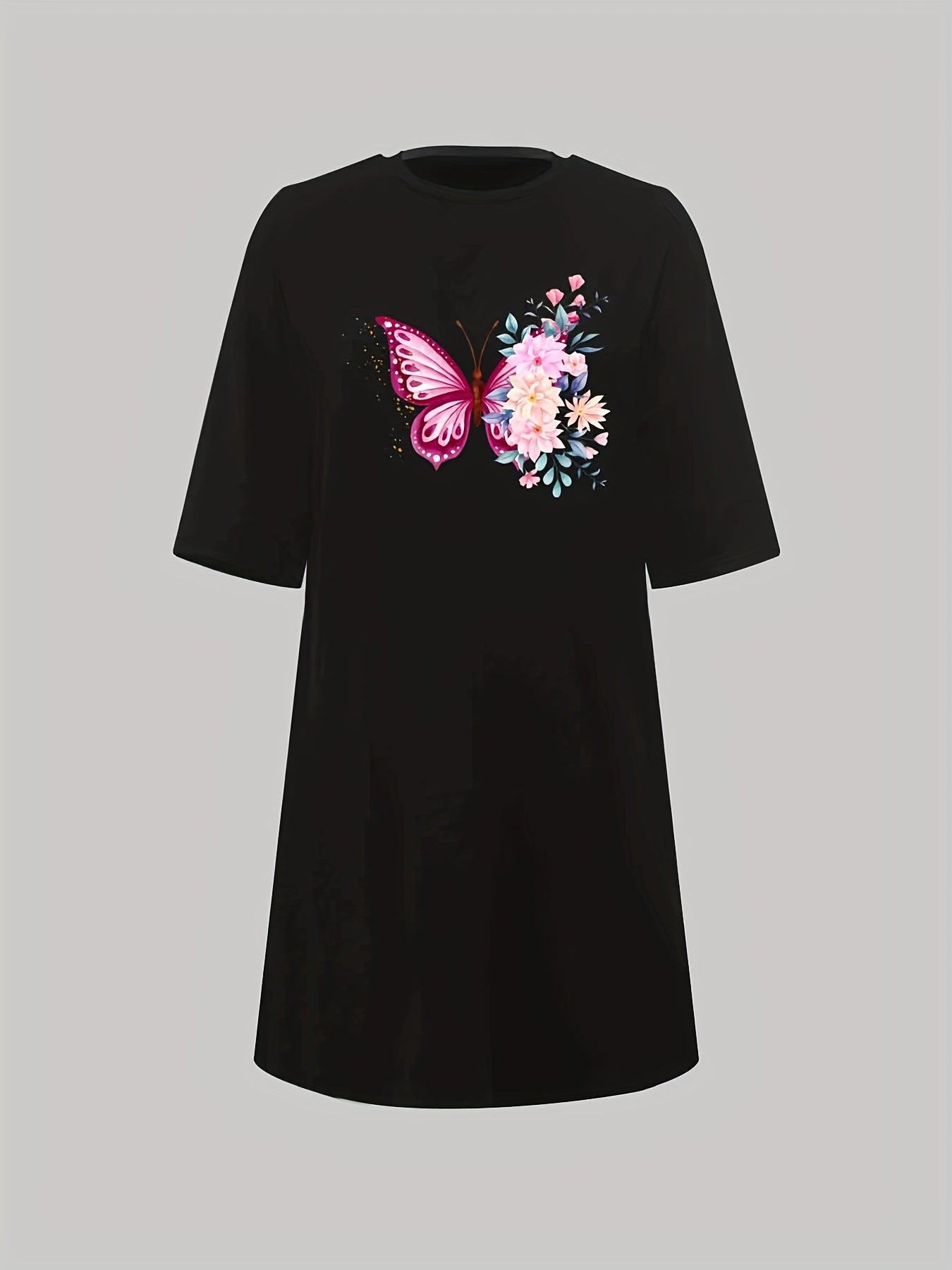  Floral Butterfly Print Sleep Dress Short Sleeve Round Neck Nightdress