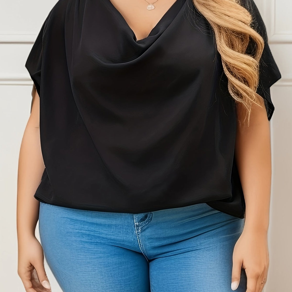  Casual Blouse Women's Plus Solid Bat Sleeve Cowl Neck Top