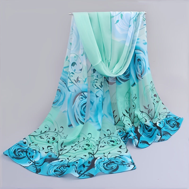 Vintage Floral Leaf Print Chiffon Silk Scarf