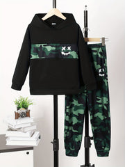 Camouflage Boy's Hoodie & Sweatpants Set Funny Face Print Street Style