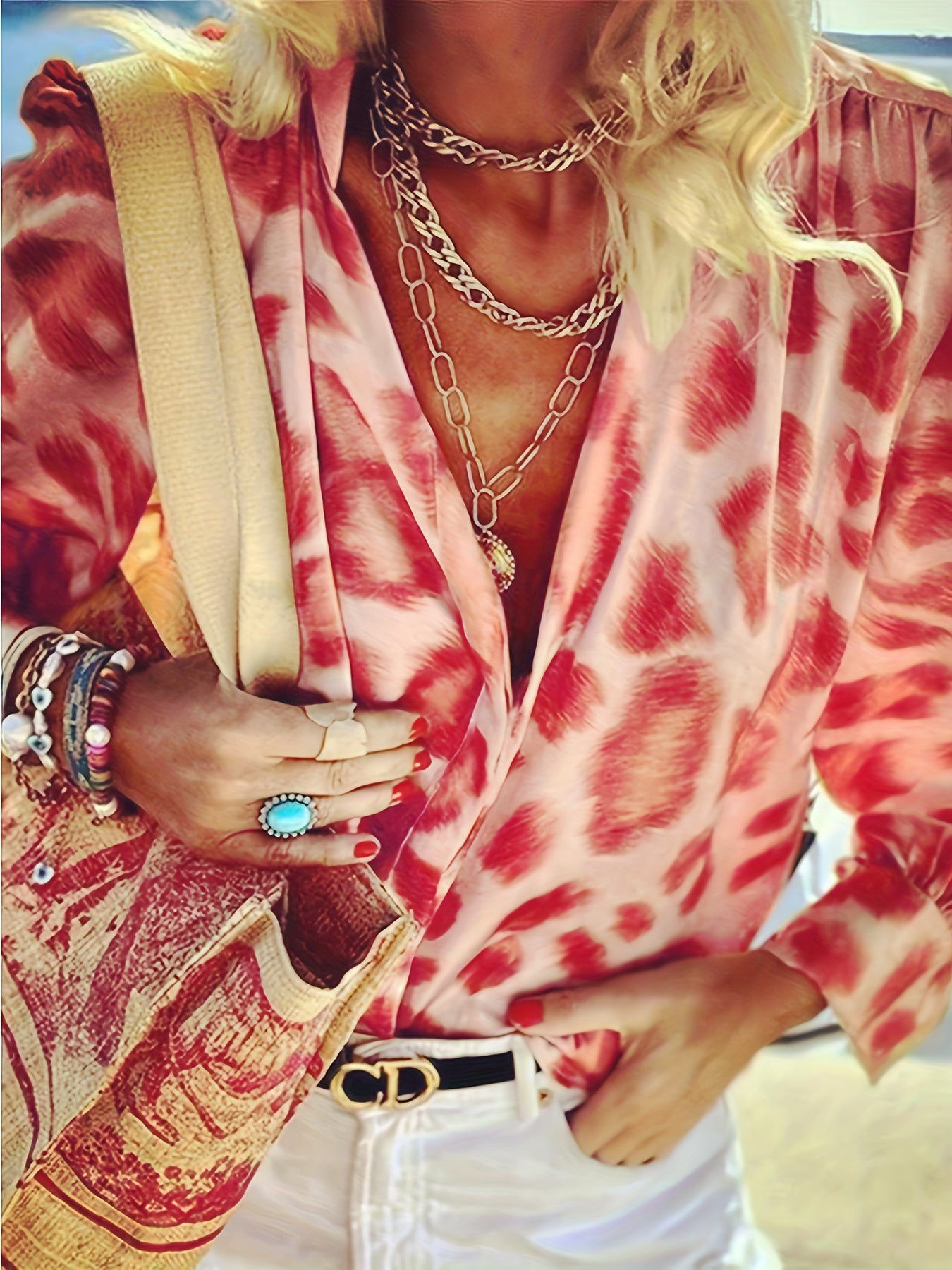  Leopard Print Button Up Long Sleeve Mock Neck Blouse