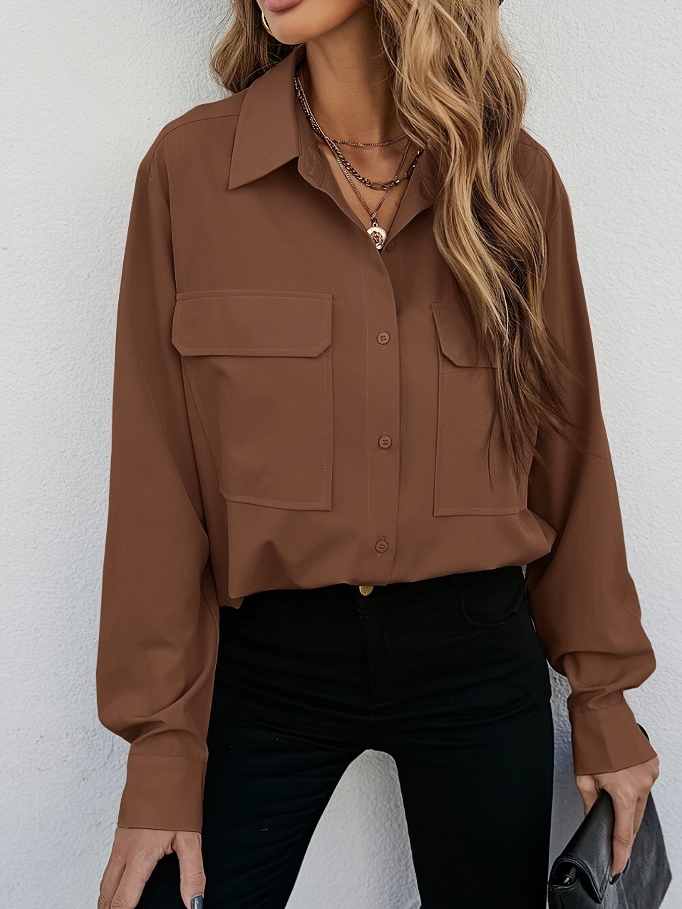  Solid Long Sleeve Button Up Collar Shirt Top