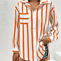  Striped Print Long Sleeve Button Up Shirt Top With Pockets