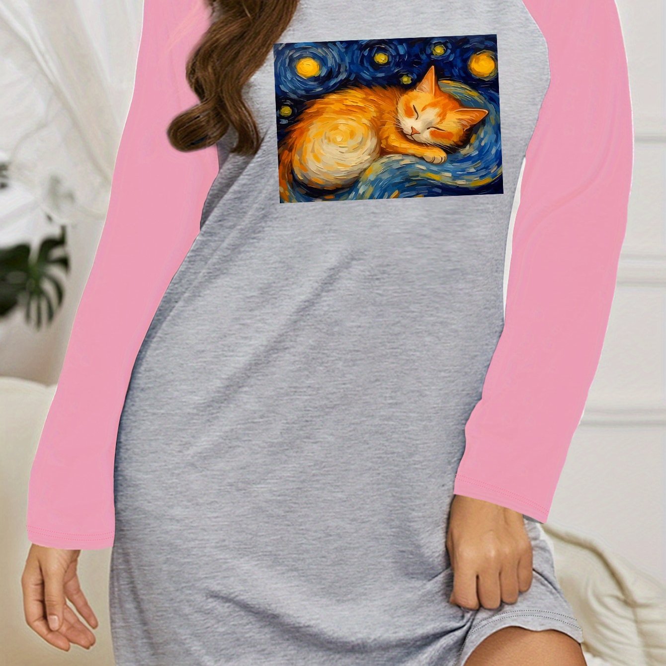  Nightdress Women's Plus Cat Painting Graphic Raglan Long Sleeve