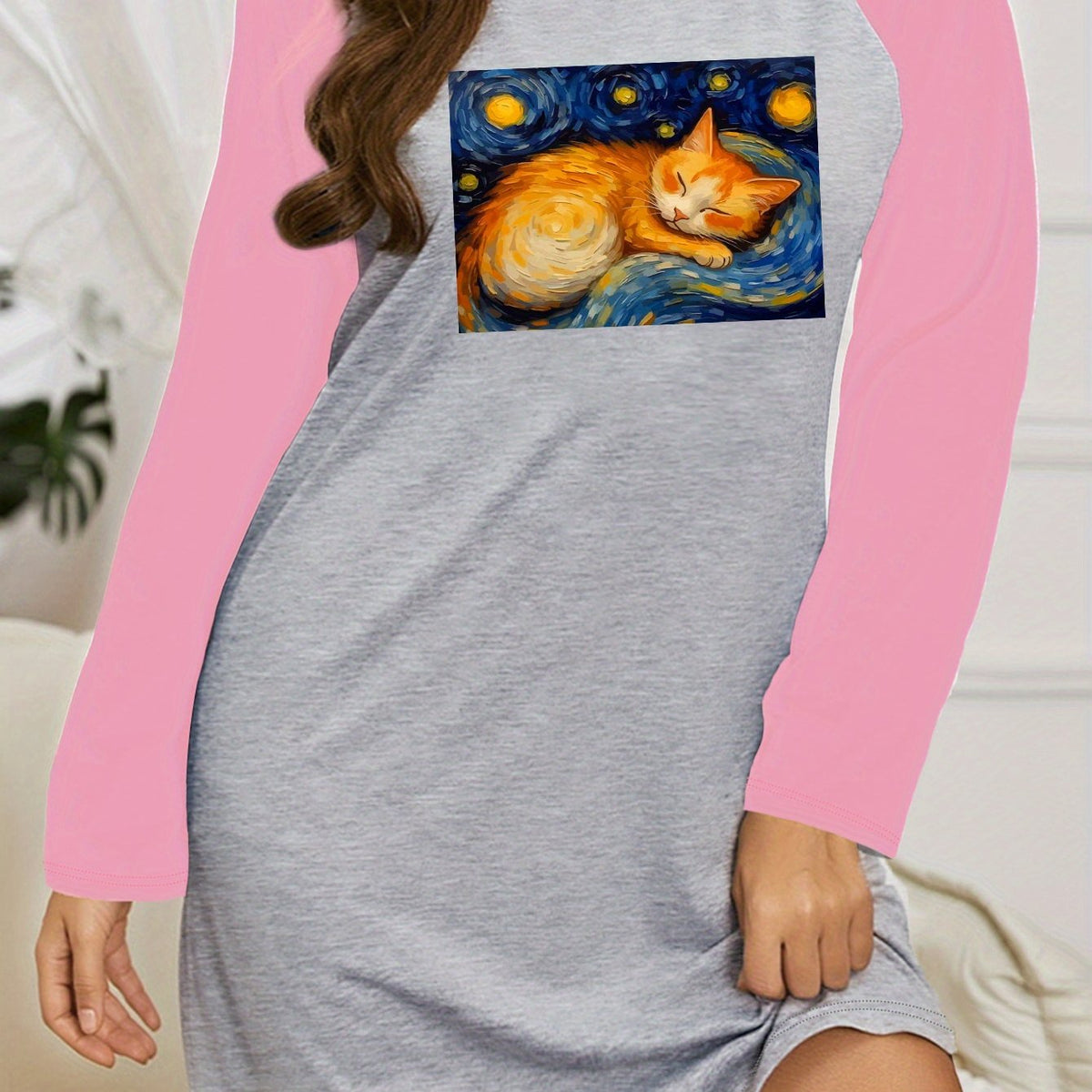  Nightdress Women's Plus Cat Painting Graphic Raglan Long Sleeve