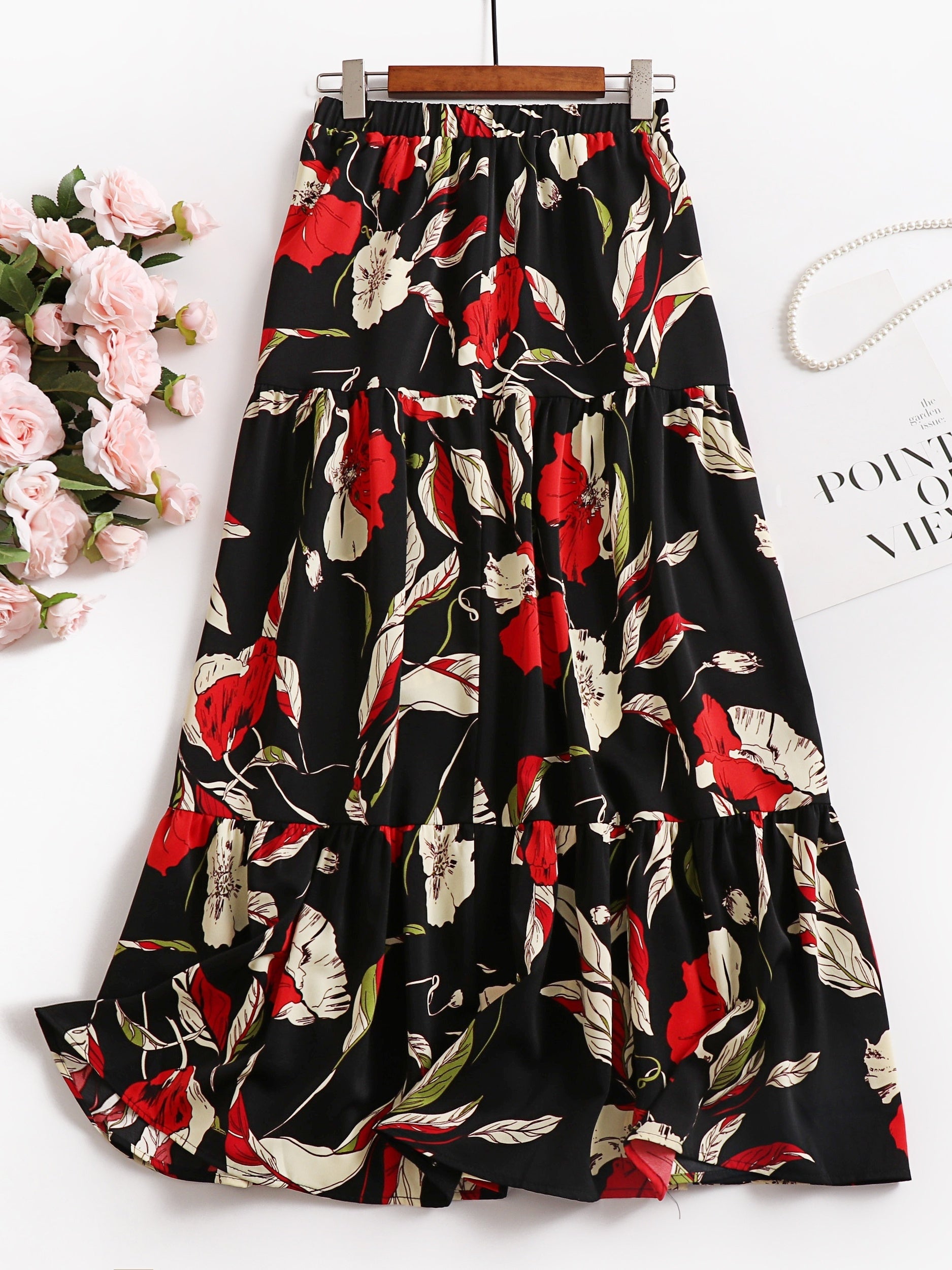  Maxi Floral Print A-Line Smock Skirt