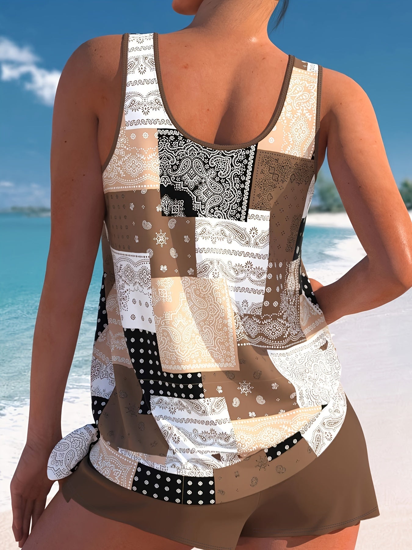  Retro Tankini Set Patchwork Paisley Print Round Neck Bathing Suit