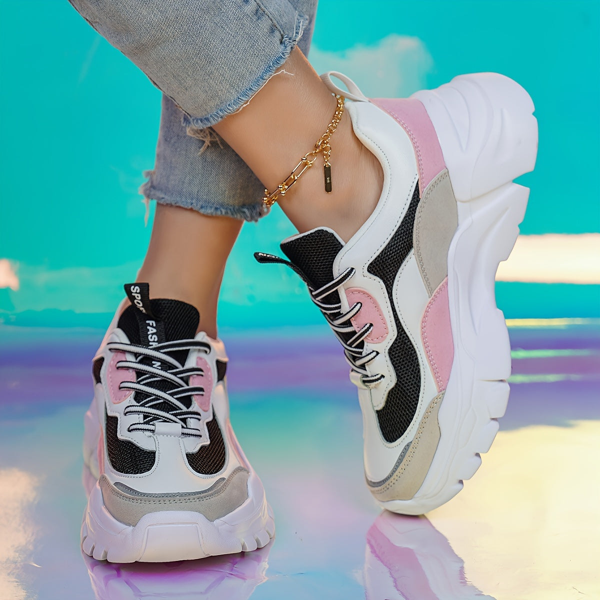 Women's Lace-up Breathable Chunky Sneakers Anti-slip Platform Running Shoes