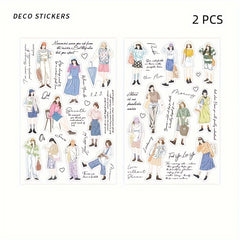2 Sheets PET Waterproof Stickers Girl Dressing DIY Notebook Material Stickers