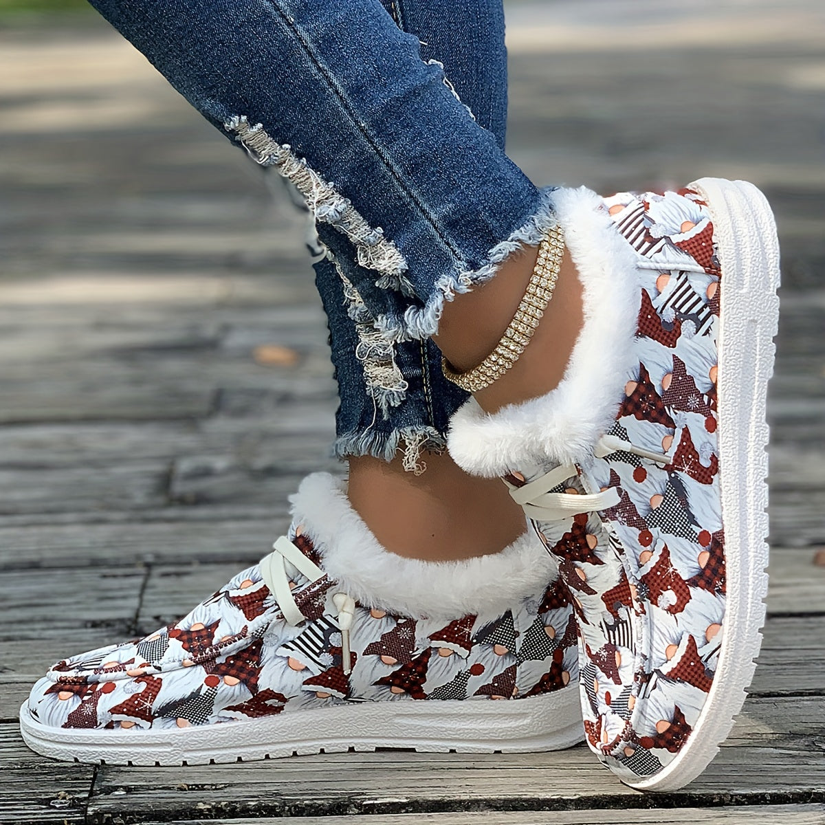 Christmas Santa Claus Print Women's Sneakers Warm Slip On Walking Shoes