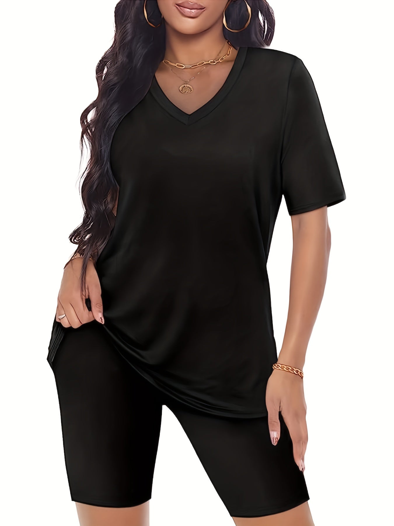 Casual Two piece Set V Neck Tee & Biker Shorts